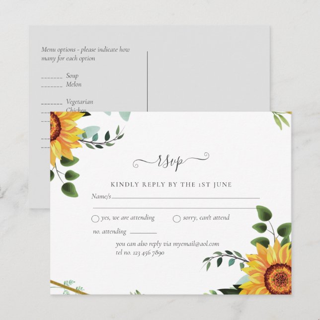 Cartão Postal Rustic BOHO Sunflower Greenery Casamento RSVP (Frente/Verso)