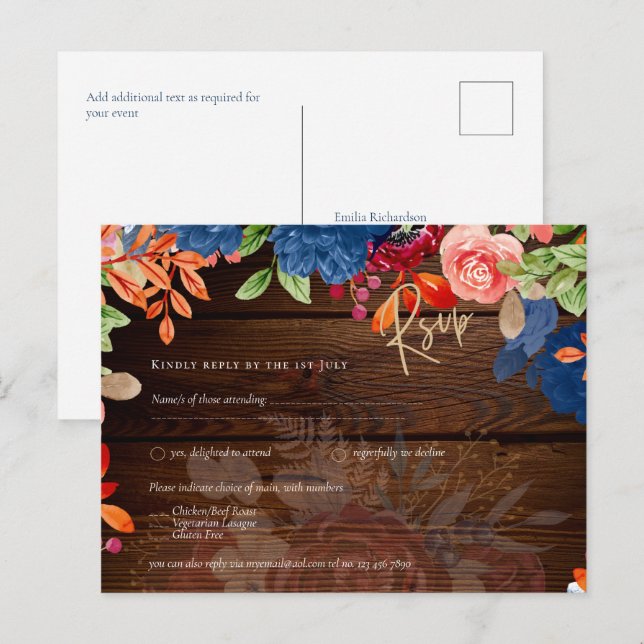 Cartão Postal Rustic Burgundy Blue Floral Casamento RSVP (Frente/Verso)