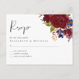 Cartão Postal Rustic Burgundy Blue Floral Casamento RSVP