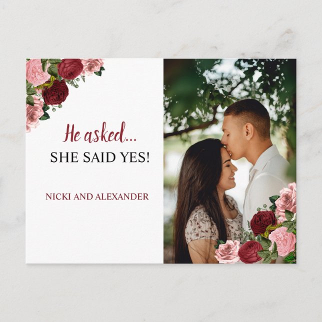 Cartão Postal Rustic Burgundy Blush Floral Casamento Salva Data (Frente)