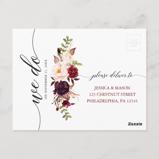 Cartão postal Rustic Burgundy Marsala Weding RSVP (Verso)