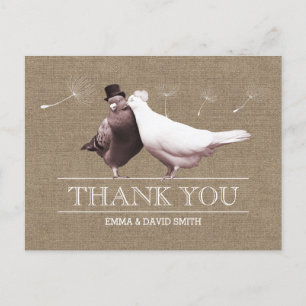 Cartão Postal Rustic Burlap Love Birds Obrigado