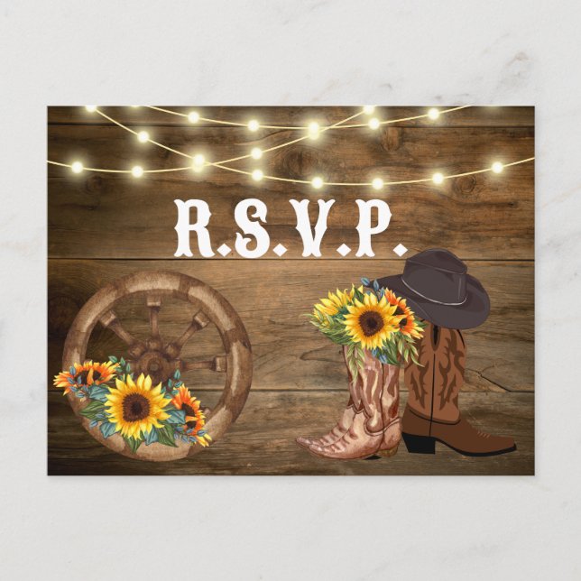 Cartão Postal Rustic Cowboy Boots Sunflower Western Weding RSVP (Frente)