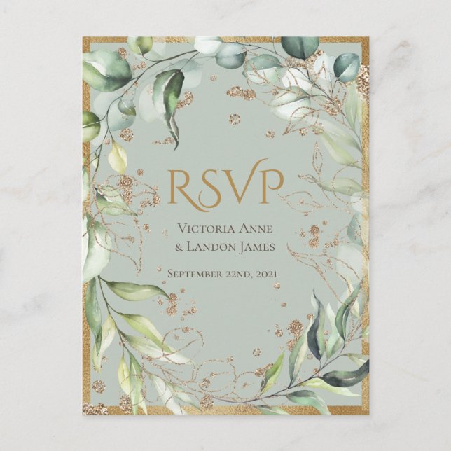 Cartão Postal Rustic Greenery Dourada Glitter Wedding RSVP (Frente)