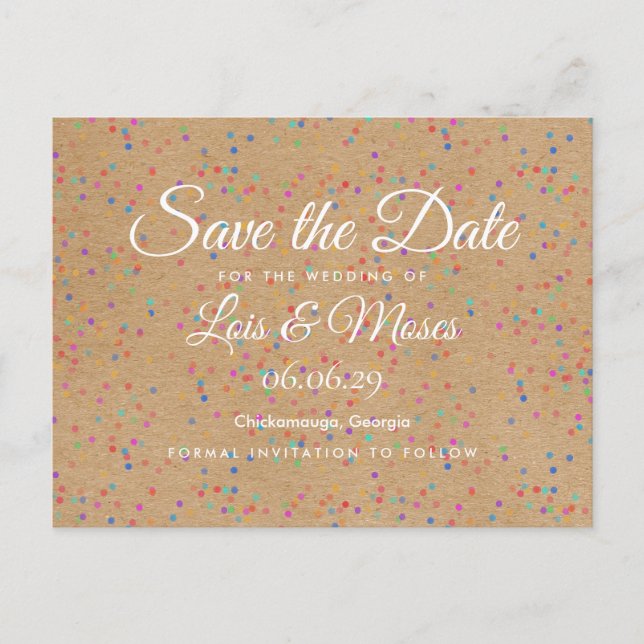 Cartão Postal Rustic Kraft Arco-íris Confetes Save the Date (Frente)