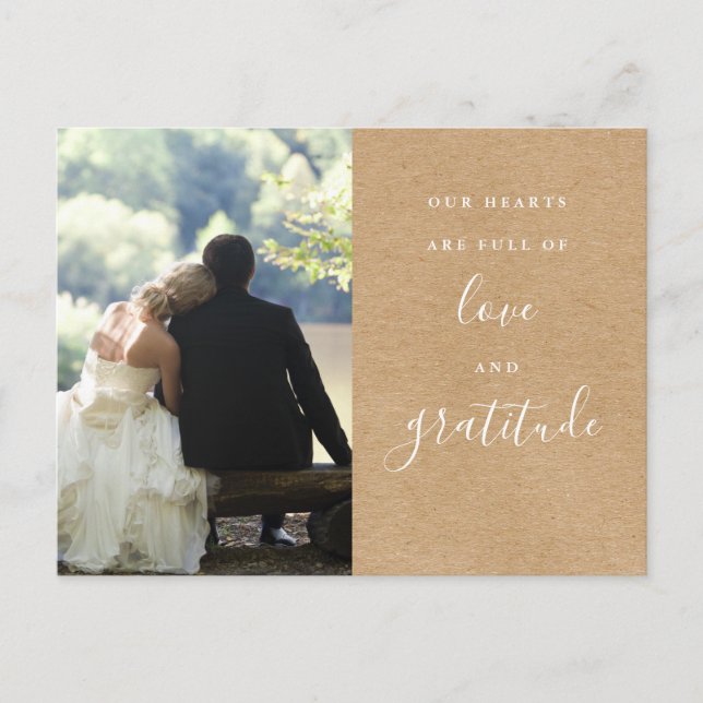 Cartão Postal Rustic Kraft Script Foto Obrigado Casamento  (Frente)