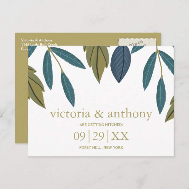 Cartão Postal Rustic Leaf Floral Weding A Data (Frente/Verso)