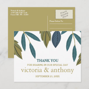 Cartão Postal Rustic Leaf Floral Weding Obrigado