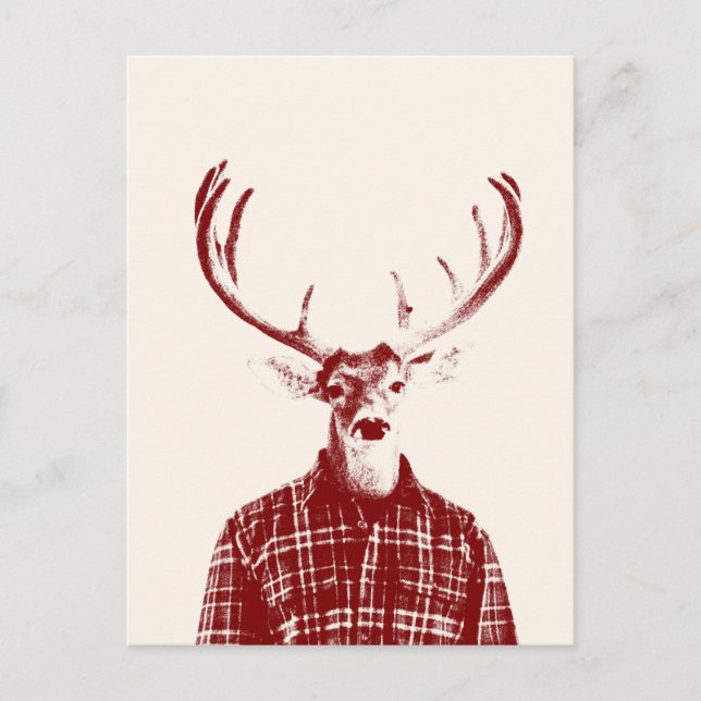 Cartão Postal Rustic Man Buck com Antlers em Vermelho e Creme (Frente)