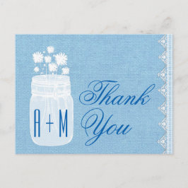 Cartão Postal Rustic Mason Jar and Flowers Obrigado Blue A29