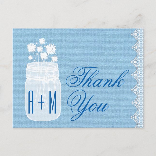 Cartão Postal Rustic Mason Jar and Flowers Obrigado Blue A29 (Frente)
