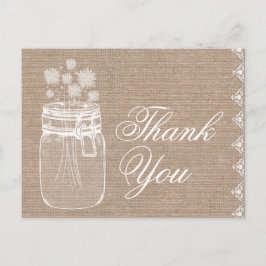 Cartão Postal Rustic Mason Jar e Flores Obrigado Burlap A02