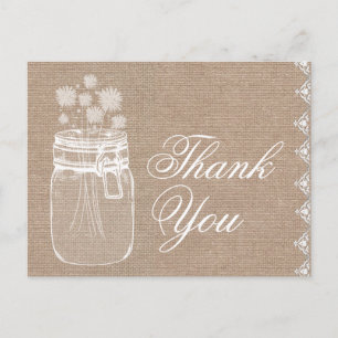 Cartão Postal Rustic Mason Jar e Flores Obrigado Burlap A02