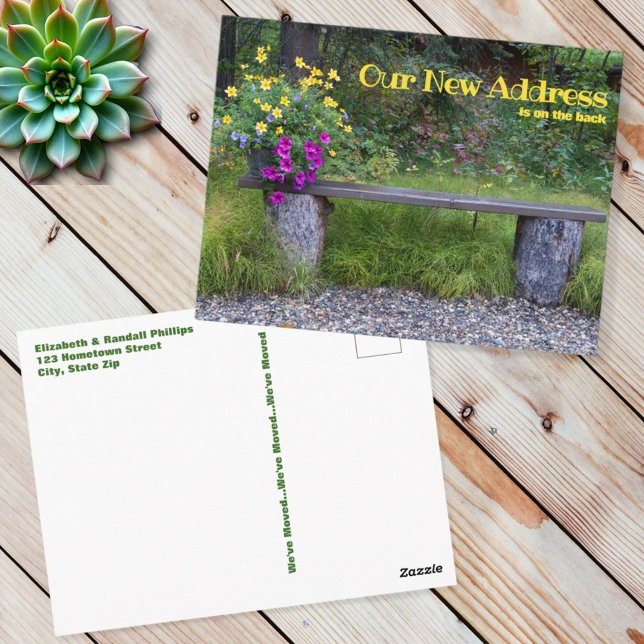 Cartão Postal Rustic New Address Anunciation Lush Flowers Bench (address change template postcard front and back)