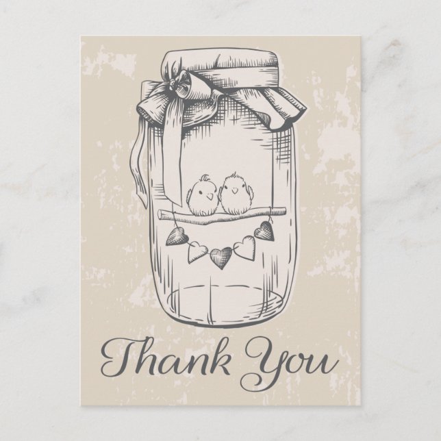 Cartão Postal Rustic Obrigado Mason Jar Lovebird Tan Weding (Frente)