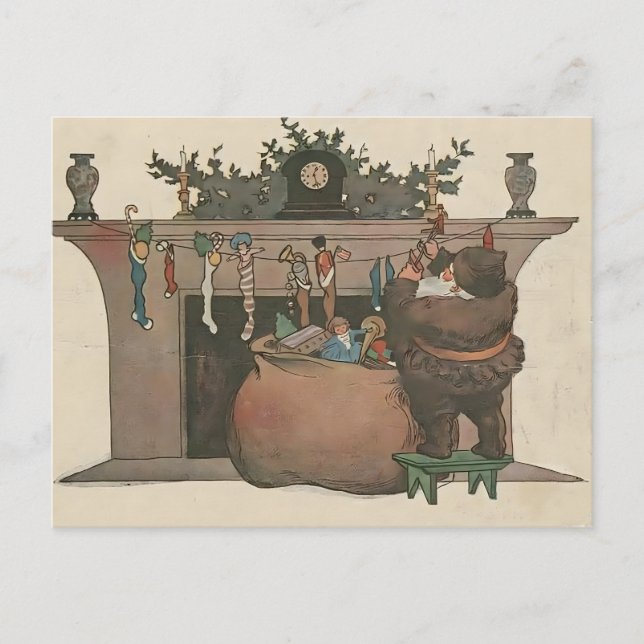 Cartão Postal Rustic Santa Hanging Stockings by the Fireplace (Frente)