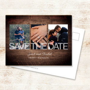 Cartão Postal Rustic Save the Date 3-Photo Collage Wedding