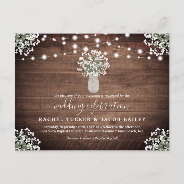 Cartão Postal Rustic String Lights Mason Jar Budget Casamento (Frente)