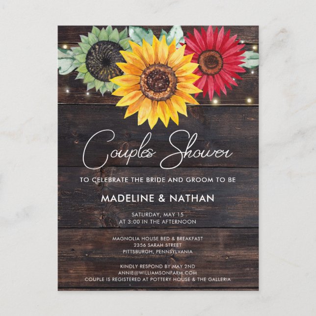 Cartão Postal Rustic Sunflower Barnwood Casal Invite (Frente)