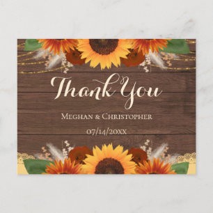 Cartão Postal Rustic Sunflower Boho Rosa Casamento Obrigado