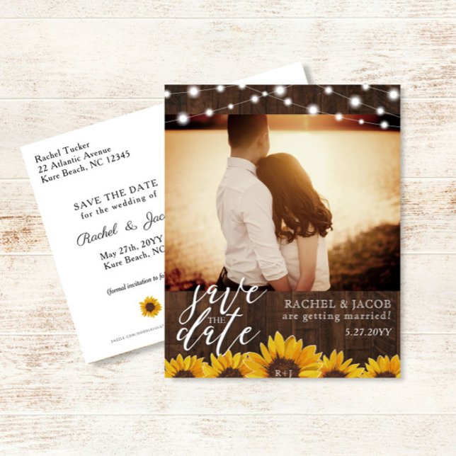 Cartão Postal Rustic Sunflower & Lights Casamento Salva a Data (Criador carregado)