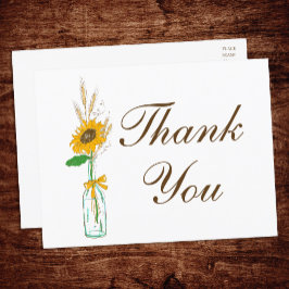 Cartão Postal Rustic Sunflower Obrigado Casamento Floral Amarelo