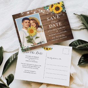 Cartão Postal Rustic Sunflower String Lights Photo Save the Date