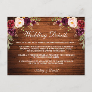 Cartão Postal Rustic Wedes Details Wood Burgundy Floral Card