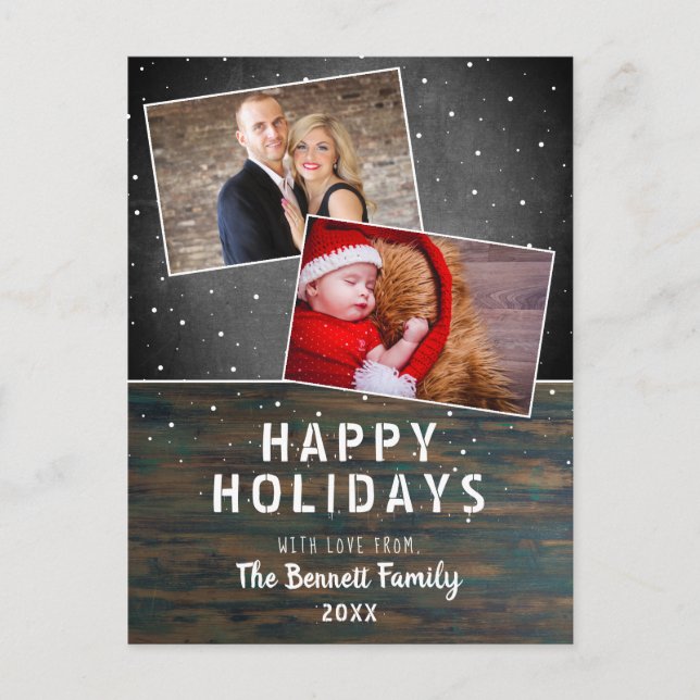 Cartão Postal Rustic Wood Chalkboard Snow 2 Foto Natal (Frente)