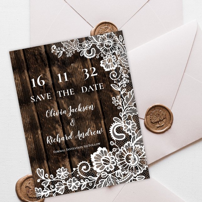 Cartão Postal Rustic Wood Lace Floral Wedding Save the Date (Rustic Wood Lace Floral Wedding Save the Date Postcard)