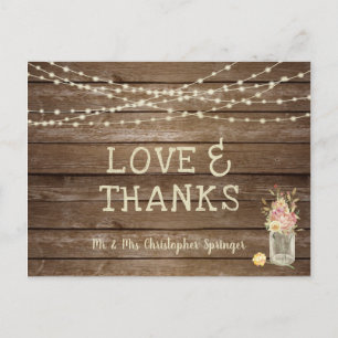 Cartão Postal Rustic Wood Mason Jar Flowers AMA OBRIGADOS Casame