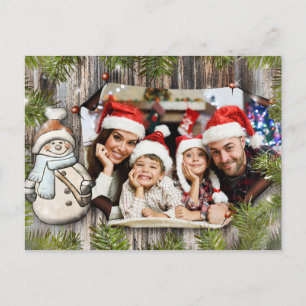 Cartão Postal Rustic Wood Snowman Frame Christmas Photo