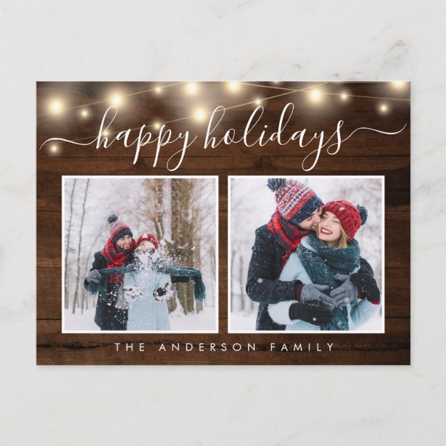 Cartão Postal Rustic Wood String Lights 2 Photo Holiday (Frente)