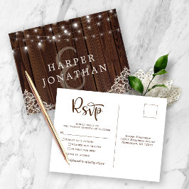 Cartão Postal Rustic Wood String Lights Lace Weding RSVP