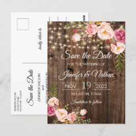 Cartão Postal Rustic Wood String Luz Casamento Salve a Data
