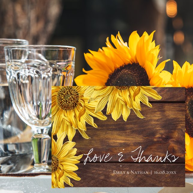 Cartão Postal Rústica Madeira Casamento outono de girassol Obrig (Rustic Wood Sunflower Fall Wedding Thank you Postcard)