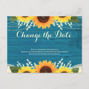 Cartão Postal Rústica Teal Wood Sunflower Wedding Alterar a Data