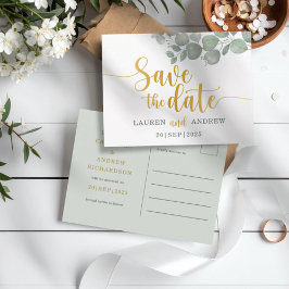 Cartão Postal Rustico Eucalipto Verde/Dourado Save the Date Casa