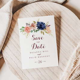 Cartão Postal Rústico Folhas Douradas e Floral Salvar a Data