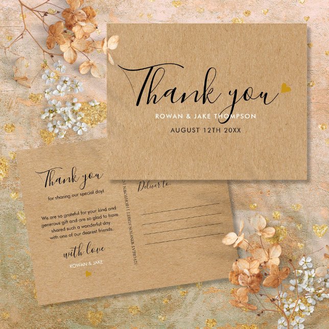 Cartão Postal Rústico Kraft Elegante Roteiro Obrigado (Rustic Kraft Elegant Script Thank You Postcard)