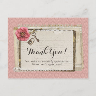 Cartão Postal Rústico Shabby Chic Rosa Damasco Vitoriano Obrigad