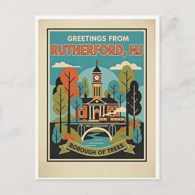 Cartão Postal Rutherford NJ Borough das Árvores Retro (Frente)