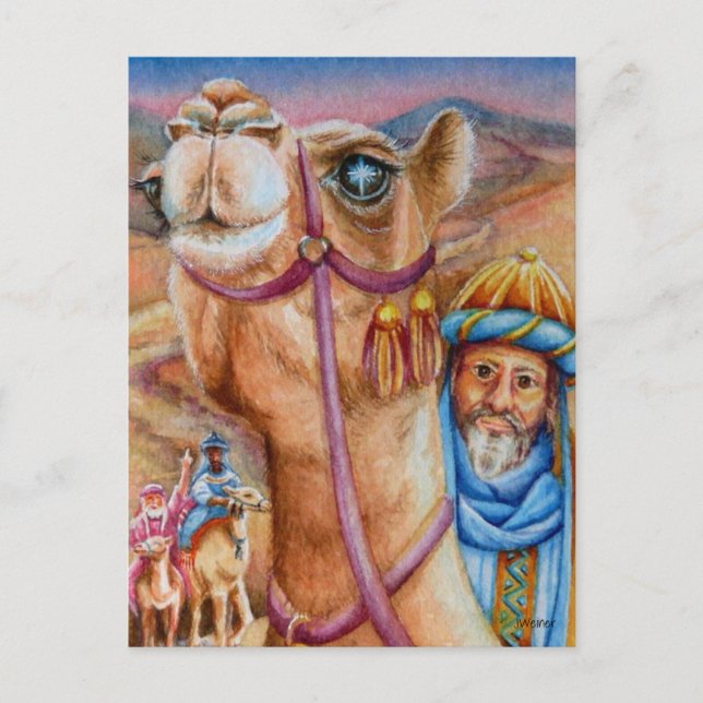 Cartão Postal Sábios em Camelos Veem Arte em Aquarela Estrela (Frente)