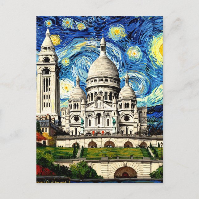 Cartão Postal Sacre-Coeur Paris France Starry Night (Frente)