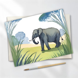 Cartão Postal Safári de Elefantes   Aquarela da Bela Natureza