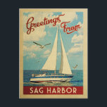 Cartão Postal Sag Harbor Sailboat Viagens vintage Nova Iorque<br><div class="desc">Esta saudação do porto de Sag,  Nova Iorque,  viagens vintage náutica apresenta um barco navegando na água com gaivotas e um céu azul cheio de lindas nuvens brancas puffy.</div>