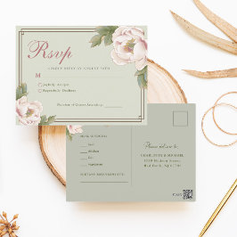 Cartão Postal Sage Green & Blush Peony Floral Wedding RSVP