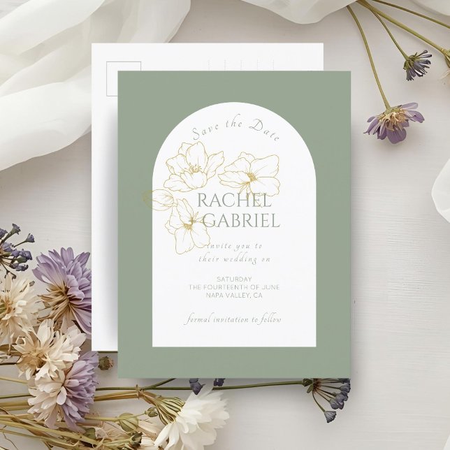 Cartão Postal Sage Green | Boho Arch Dourado Casamento Floral (Criador carregado)