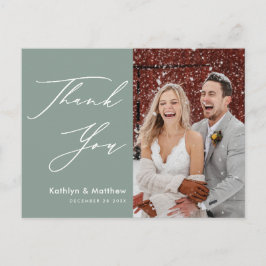 Cartão Postal Sage Green Elegant Script Modern Wedn Obrigado