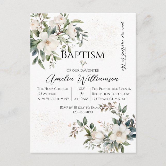 Cartão Postal Sage Green Floral Baptism (Frente)
